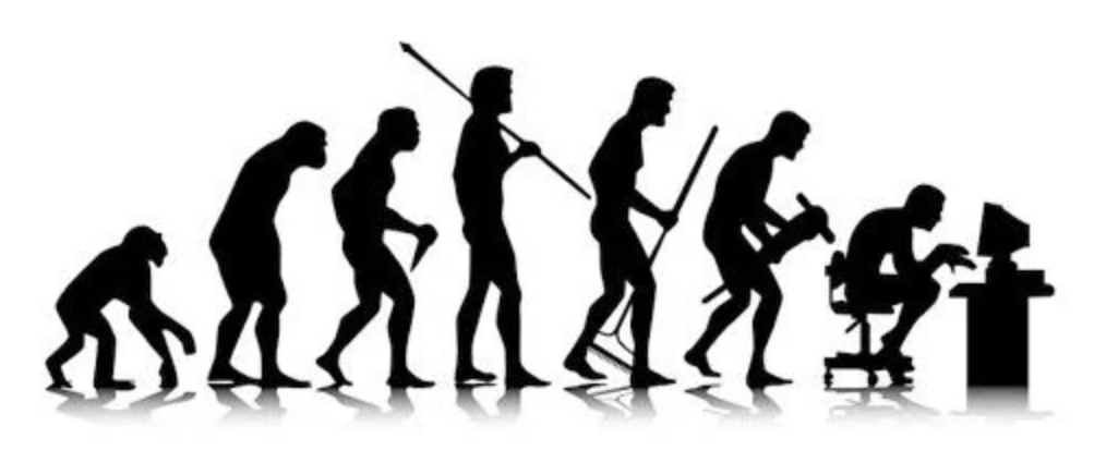 evolution of mankind from hunched over to upright to hunched over at a computer