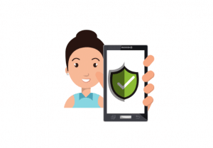 cartoon image of lady holding cell phone with shield as protection